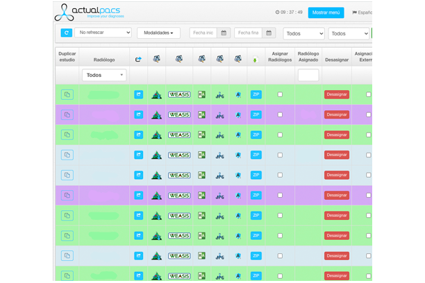 Listado de estudios en ActualPACS Veterinaria con estado y asignación de radiólogo