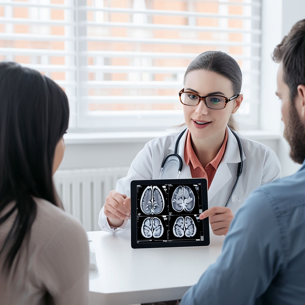 Doctora explica resultados médicos (imágenes cerebrales) a una paciente mediante una tablet